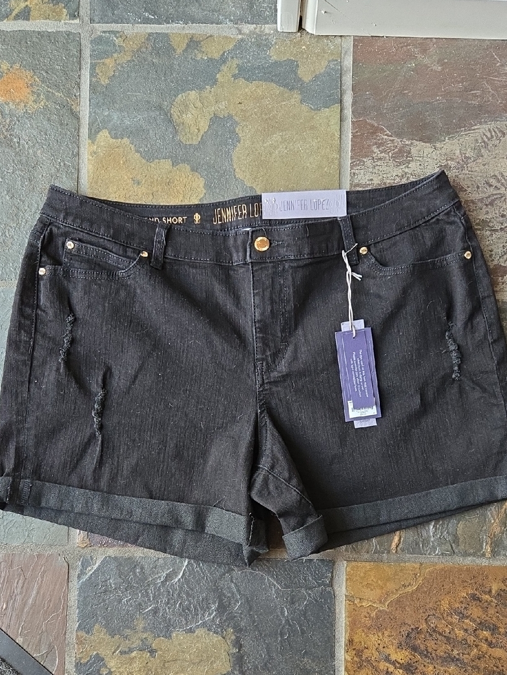 Jennifer Lopez Black Roll-Cuff Denim Shorts